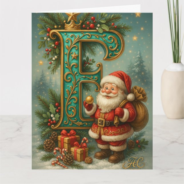 Carte Première E dorée avec Père Noël et Couronne (Devant)
