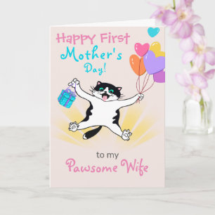Carte Première Fête des Mères Cute Kitty Ballons colorés
