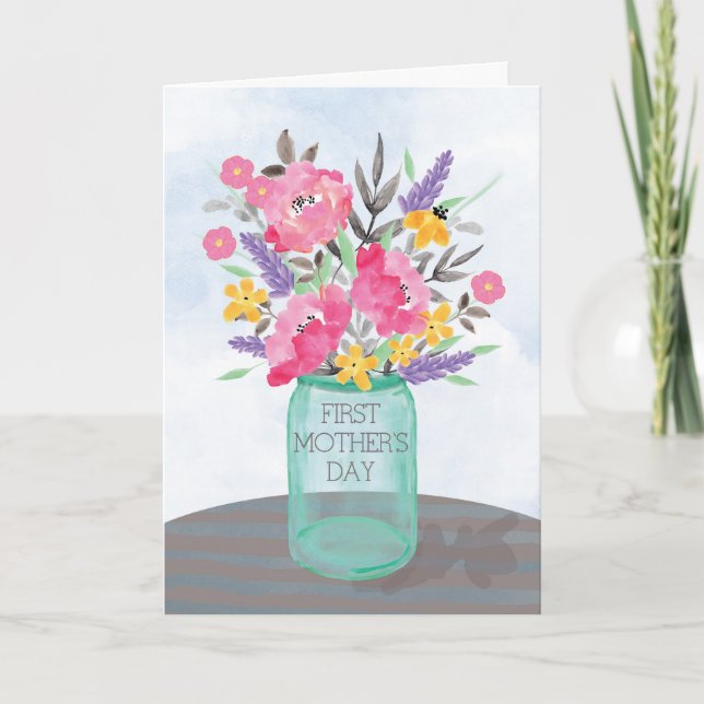 Carte Première fête des mères Jar Vase avec fleurs (Devant)