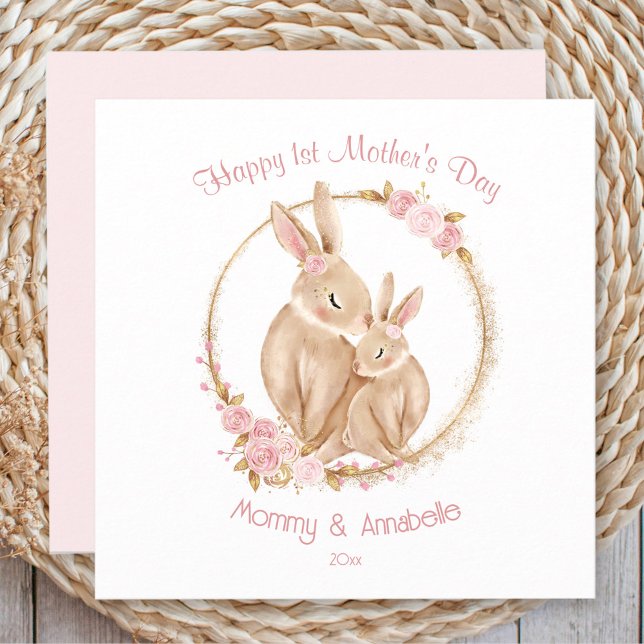 Carte Première Fête des Mères mignonne lapin fille rose  (First Mother's Day Cute Bunny Girl White Pink Card)