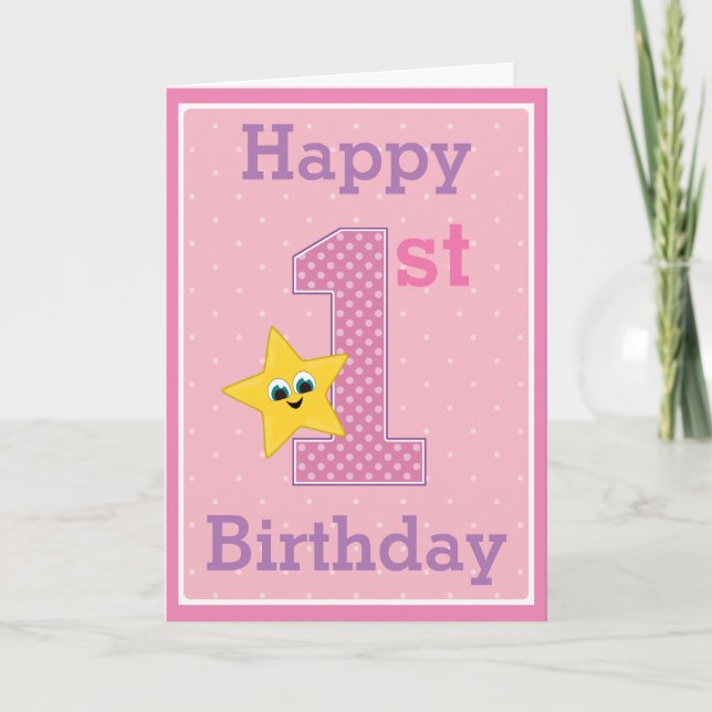 Carte Première fille d'anniversaire, rose avec étoile ja (Devant)