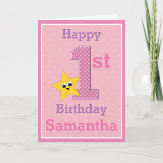 Carte Première fille d'anniversaire, rose avec étoile ja (Devant)