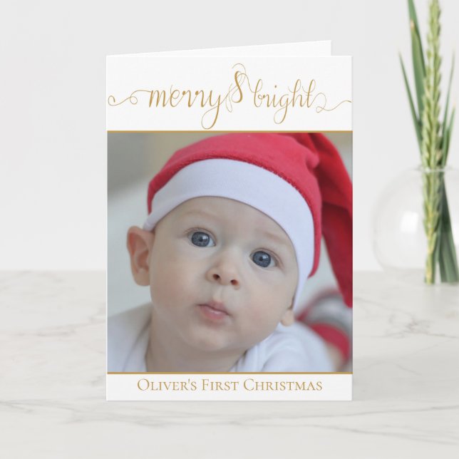 Carte Première photo de Noël du bébé Joyeux et brillant  (Devant)