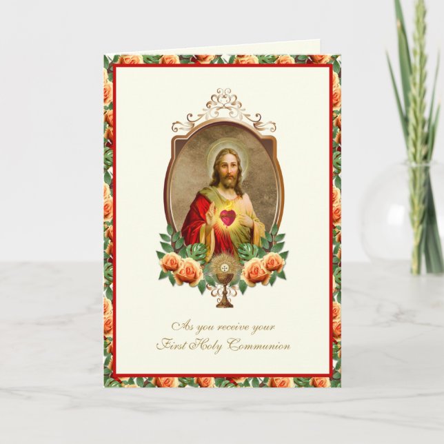 Carte Première Sainte Communion catholique Elégant Jésus (Devant)