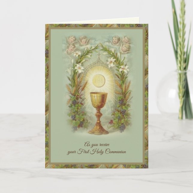 Carte Première Sainte Communion Catholique Prière Élégan (Devant)
