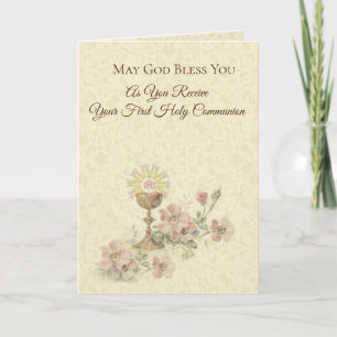 Carte Première Sainte Communion Chalice Fleurs hôtes