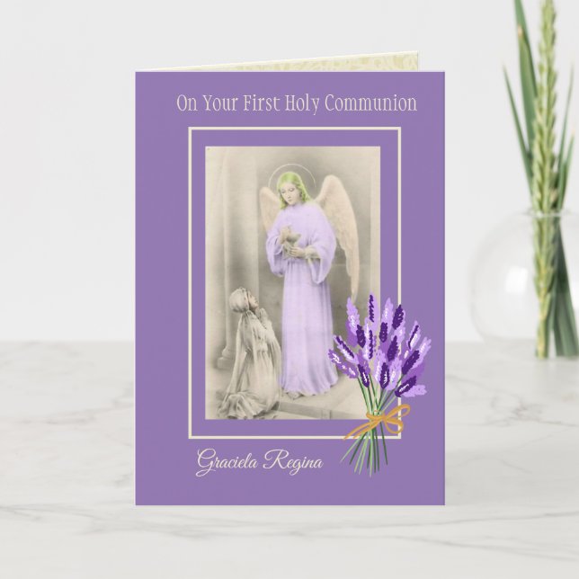 Carte Première Sainte Communion Fille Ange Lavande Fleur (Devant)