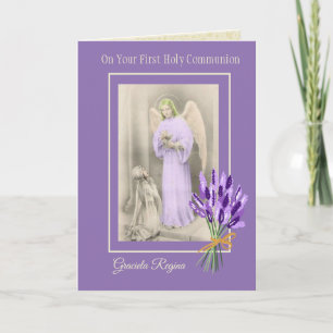 Carte Première Sainte Communion Fille Ange Lavande Fleur