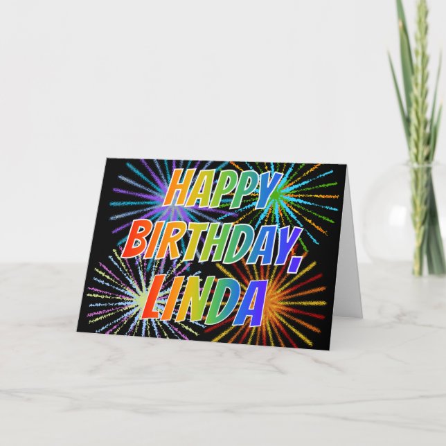 Carte Prénom "LINDA" Fun "HEUREUX ANNIVERSAIRE" (Devant)