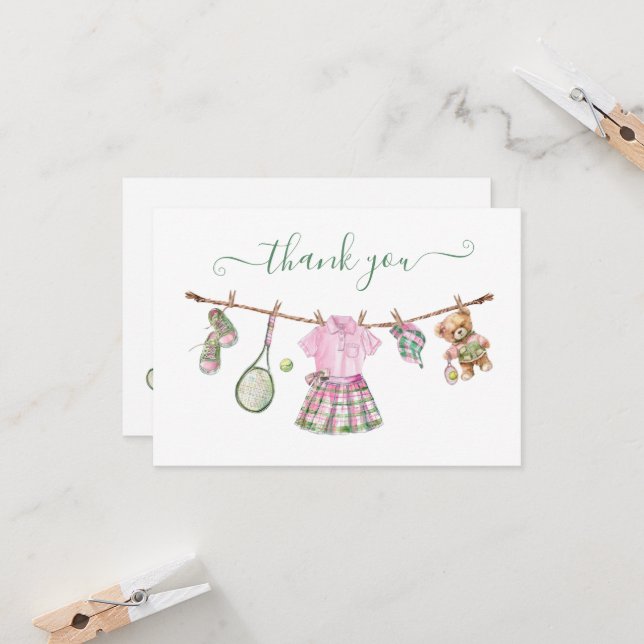 Carte Preppy Tennis Girl Clothesline Merci Note (Devant/Arrière en situation)
