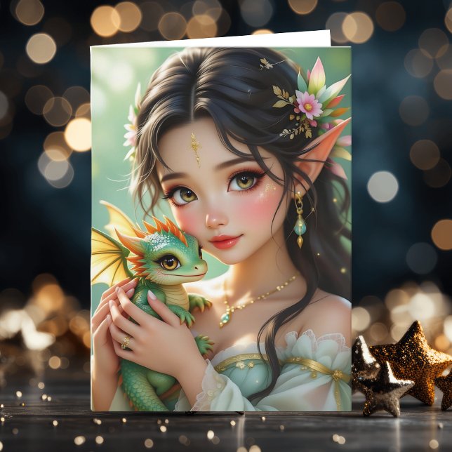 Carte Pretty Elven Fairy & Dragon | Thinking About You (Créateur téléchargé)