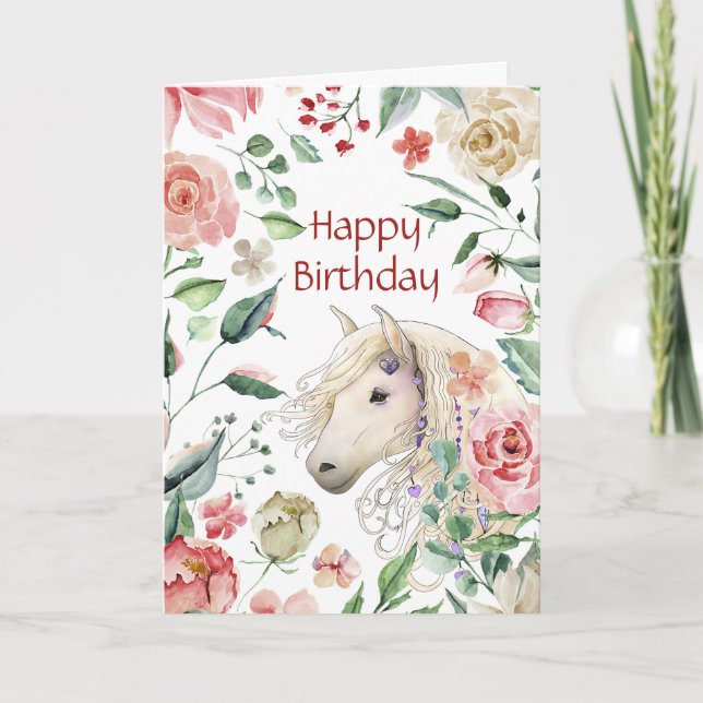 Carte Pretty Horse in Rose Flower Garden Birthday (Devant)