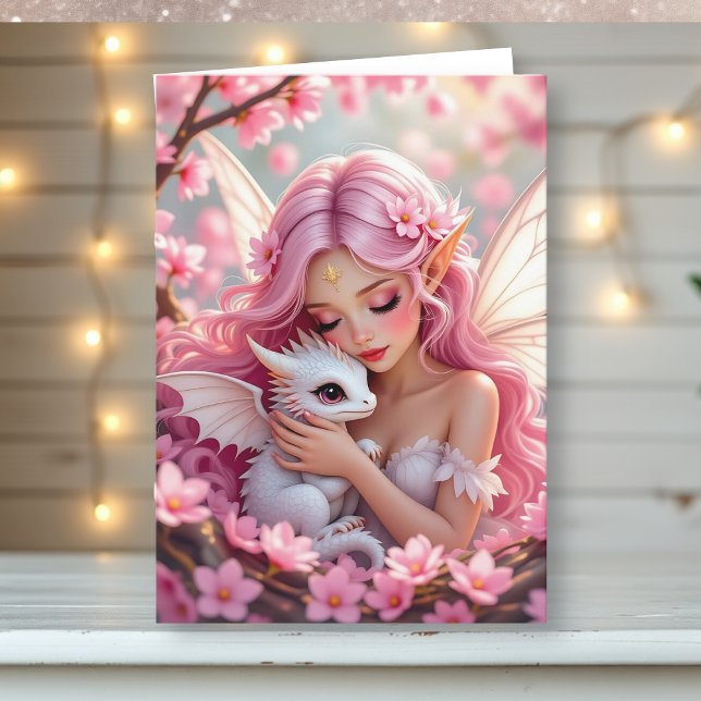 Carte Pretty Pink Elven Fairy & Dragon | Thinking of You (Créateur téléchargé)