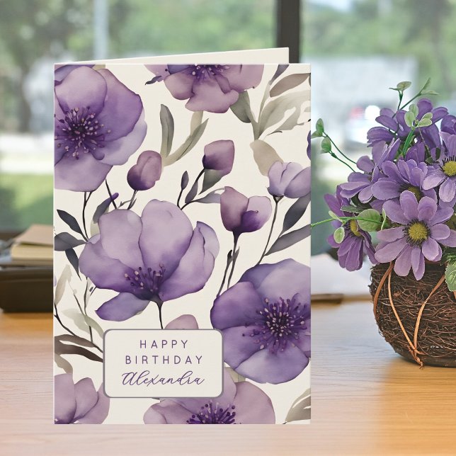 Carte Pretty Purple Pansies Custom Name Birthday (Créateur téléchargé)