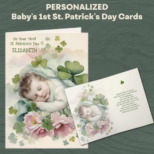Carte Prière de bénédiction de la première St. Patrick (Baby's First St. Patrick's Day Card with Shamrocks and pink roses )