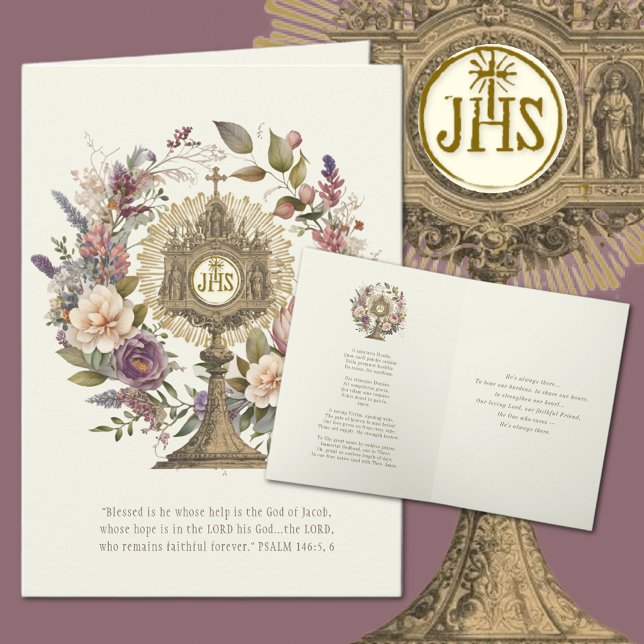 Carte Prière de l'Ecriture Hôte Catholique (Traditional Catholic Monstrance with O Salutaris Hymn and Scripture Verse )