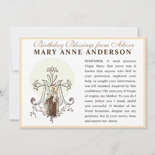 Carte Prière Memorare de la Vierge Marie Mt. Carmel cath (Devant)