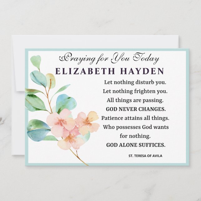 Carte Prière religieuse florale de saint Teresa (Devant)