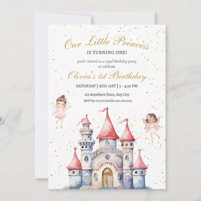 Carte Princesse 1er Anniversaire Invitation, Château Pri (Devant)