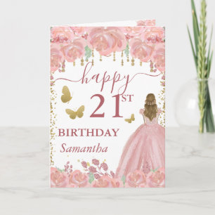 Carte Princesse blonde robe or rose anniversaire