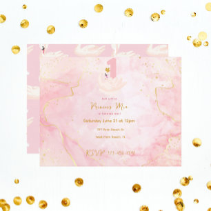 Carte Princesse Cygne Rose & Or Aquarelle 1er Anniversai