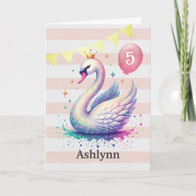 Carte Princesse de cygne rose et or 5e anniversaire (Devant)