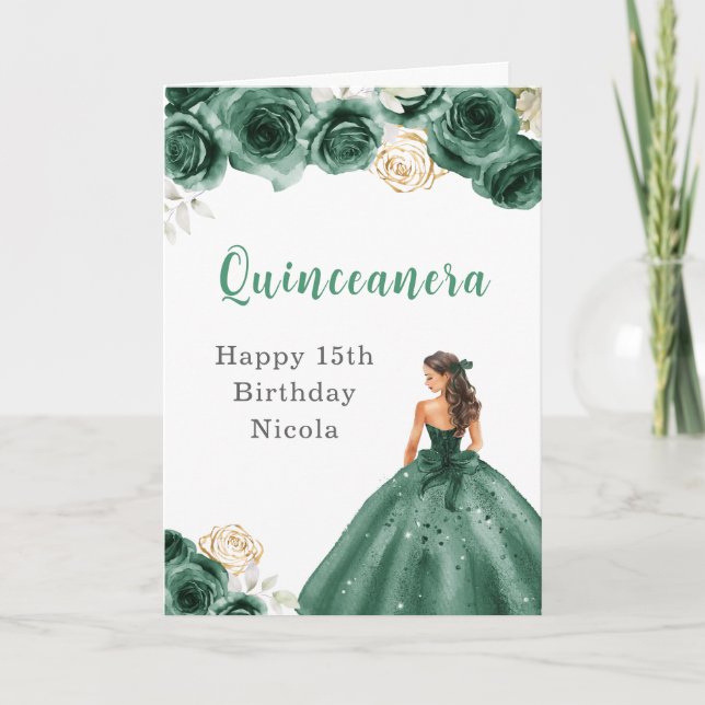 Carte Princesse en Robe Vert foncé Anniversaire Quincean (Devant)
