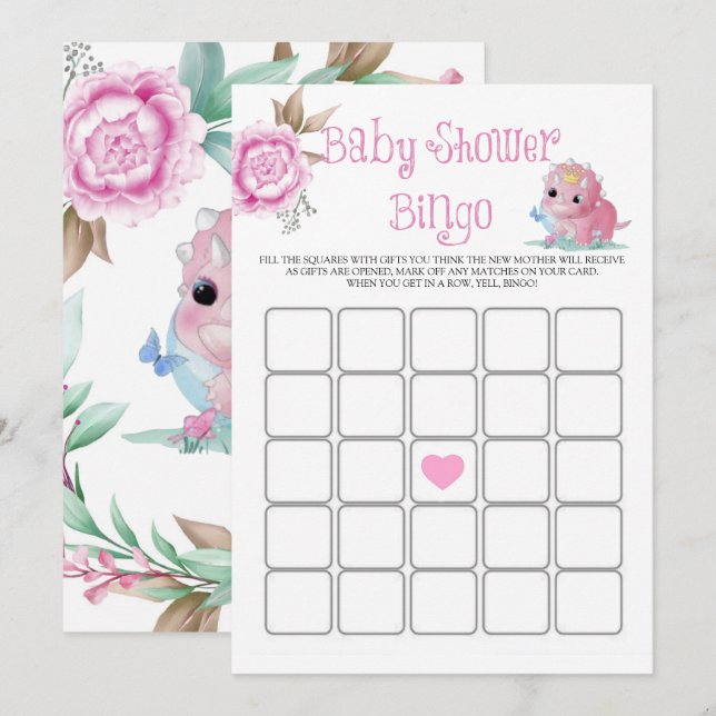 Carte Princesse Pink Dinosaur Peony Baby shower Bingo (Devant / Derrière)