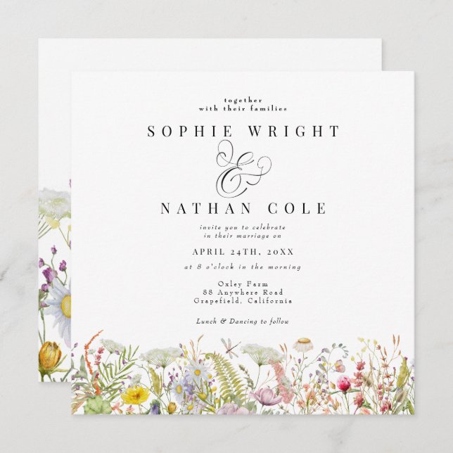 Carte Printemps Été Fleur sauvage Beige Boho Mariage Inv (Devant / Derrière)