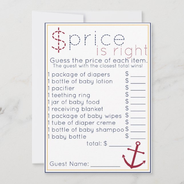 Carte Prix Baby shower Nautique Est Le Bon Jeu (Devant)