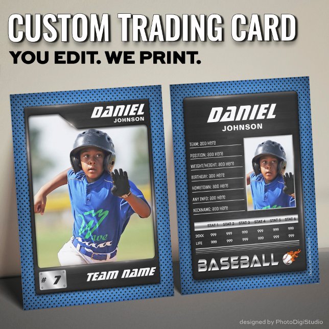 Carte PRO Baseball avec carte de commerce Stats Pl (Custom Baseball Trading Card, Blue Black PRO Stats Player Card)