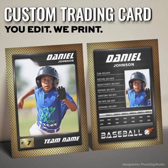 Carte PRO Baseball avec carte de commerce Stats Pl (Custom Baseball Trading Card, Gold Black PRO Stats Player Card)
