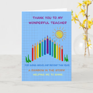 Carte Professeur de Merci arc-en-ciel, m'aidant à brille