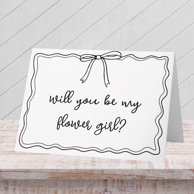 Carte Proposition de Fille Fleur de Bow à la main de Whi ("Ask your flower girl  in style with this chic, hand-drawn bridal party proposal card.)