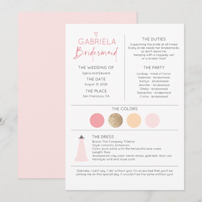 Carte Proposition et information de la servante rose (Devant / Derrière)