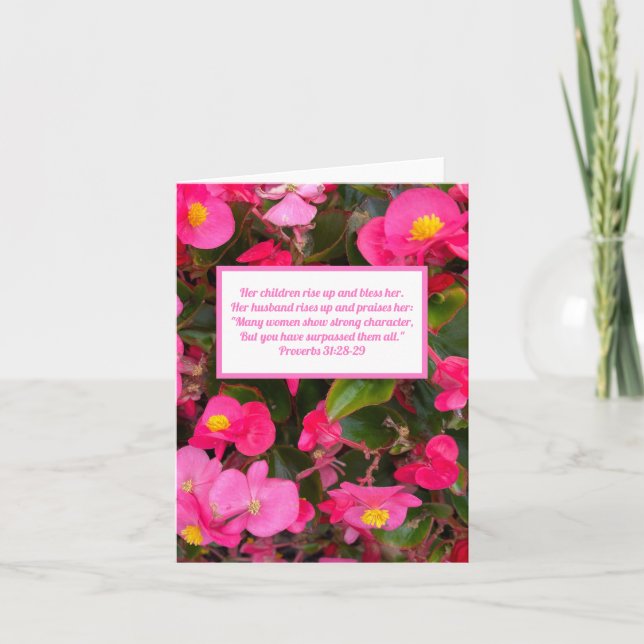 Carte Proverbes de fleurs roses 31:28-29 Verse de la Bib (Devant)