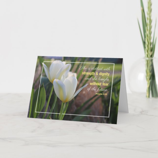 Carte Proverbes de tulipes blanches 31:25 Note Card (Devant)
