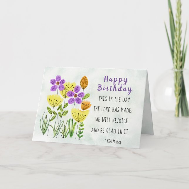 Carte Psaume 118:24 Jolies fleurs d'aquarelle Anniversai (Devant)