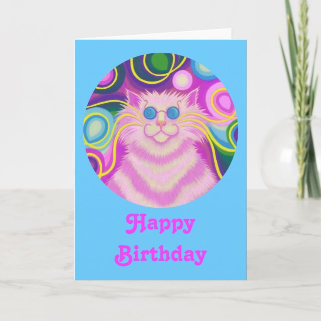 Carte Psy-cat-delic rose 'Joyeux anniversaire' ble (Devant)