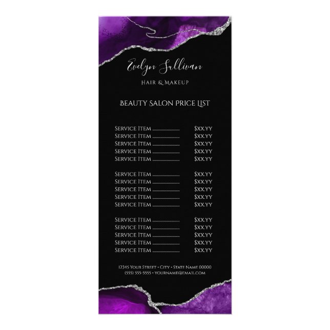 Carte Publicitaire agate d'argent violet sur la liste des prix noirs (Devant)