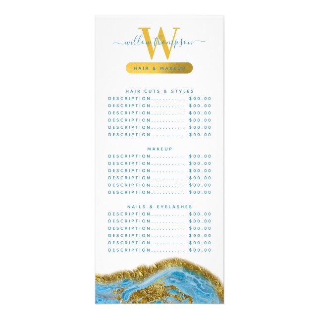 Carte Publicitaire Aquarelle bleue Marbre & Or Cheveux & Prix maquill (Devant)