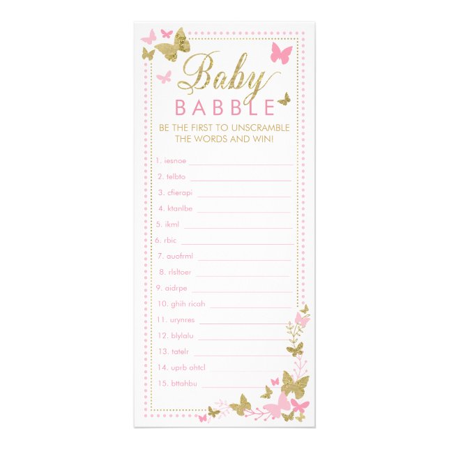 Carte Publicitaire Baby shower Mot Jeu, Papillons (Devant)