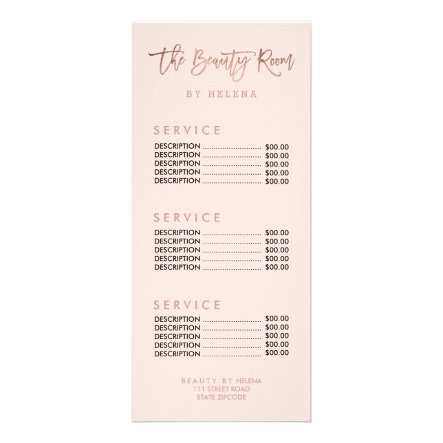 Carte Publicitaire Beauté rose or typographie blush rose liste de pri (Devant)