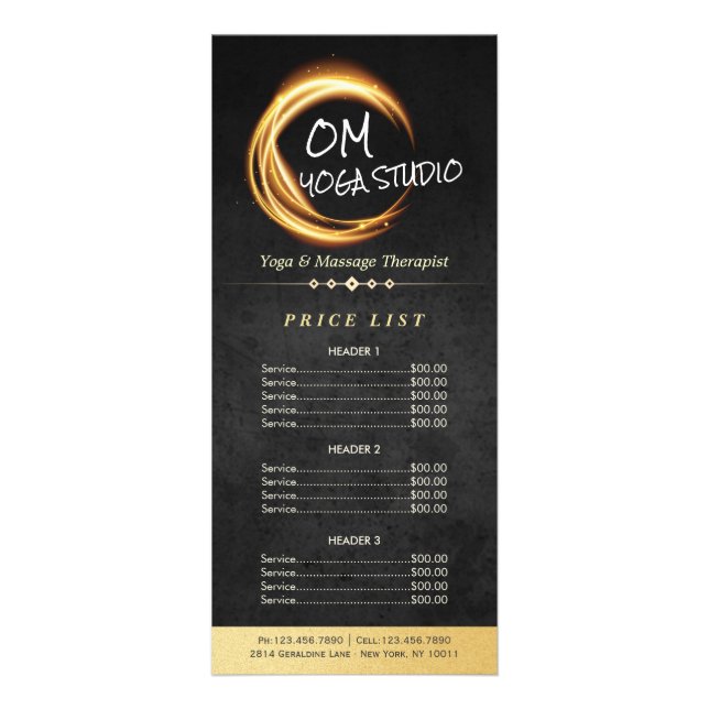 Carte Publicitaire Black Gold Yoga Massage ZEN Signer Light Tarifs (Devant)