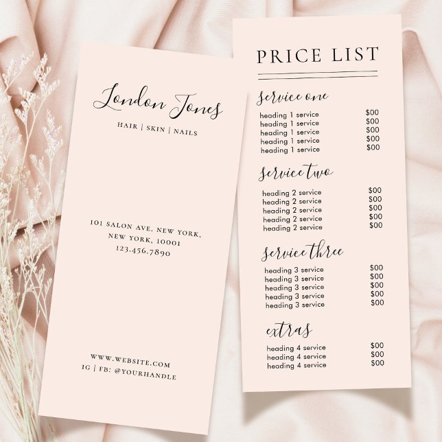 Carte Publicitaire Chic Script Typographie Services Blush Tarifs (Créateur téléchargé)