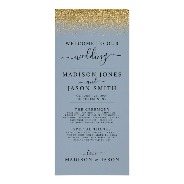 Carte Publicitaire Dusty Blue & Gold Parties scintillant Wedding Prog (Devant)