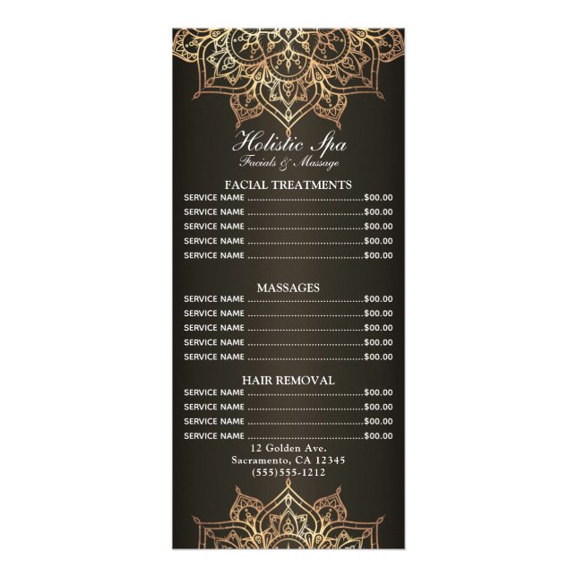 Carte Publicitaire Earthy Brown Gold Mandala Holistic Spa Price List (Devant)