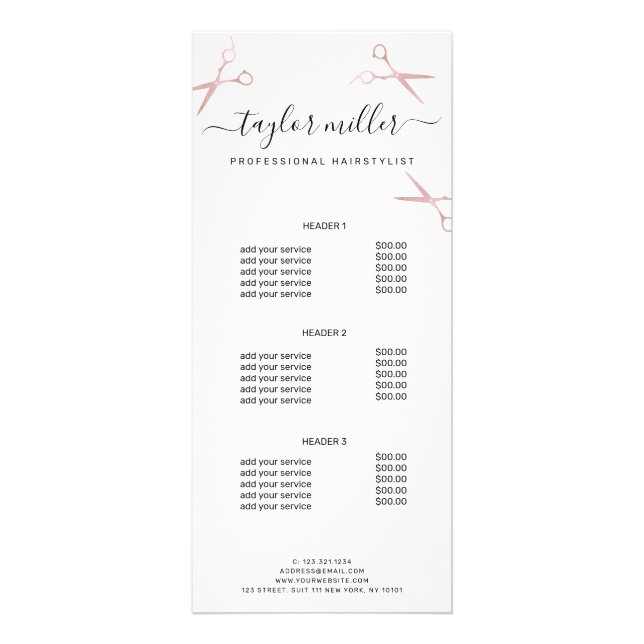 Carte Publicitaire Elégant chic rose ciseaux d'or coiffeuse (Devant)