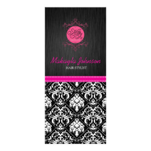 Carte Publicitaire Élégant Damas noir et blanc avec ruban rose