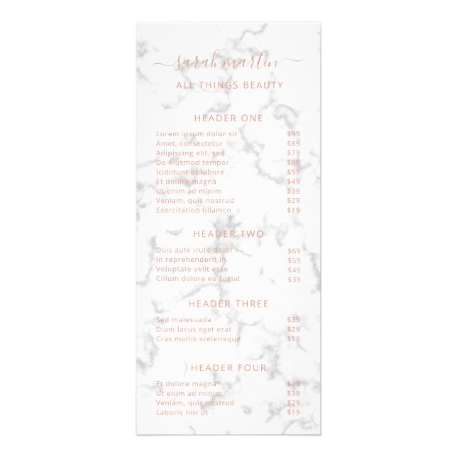 Carte Publicitaire Elégant Salon de Beauté Tarification Rose Marbre O (Devant)